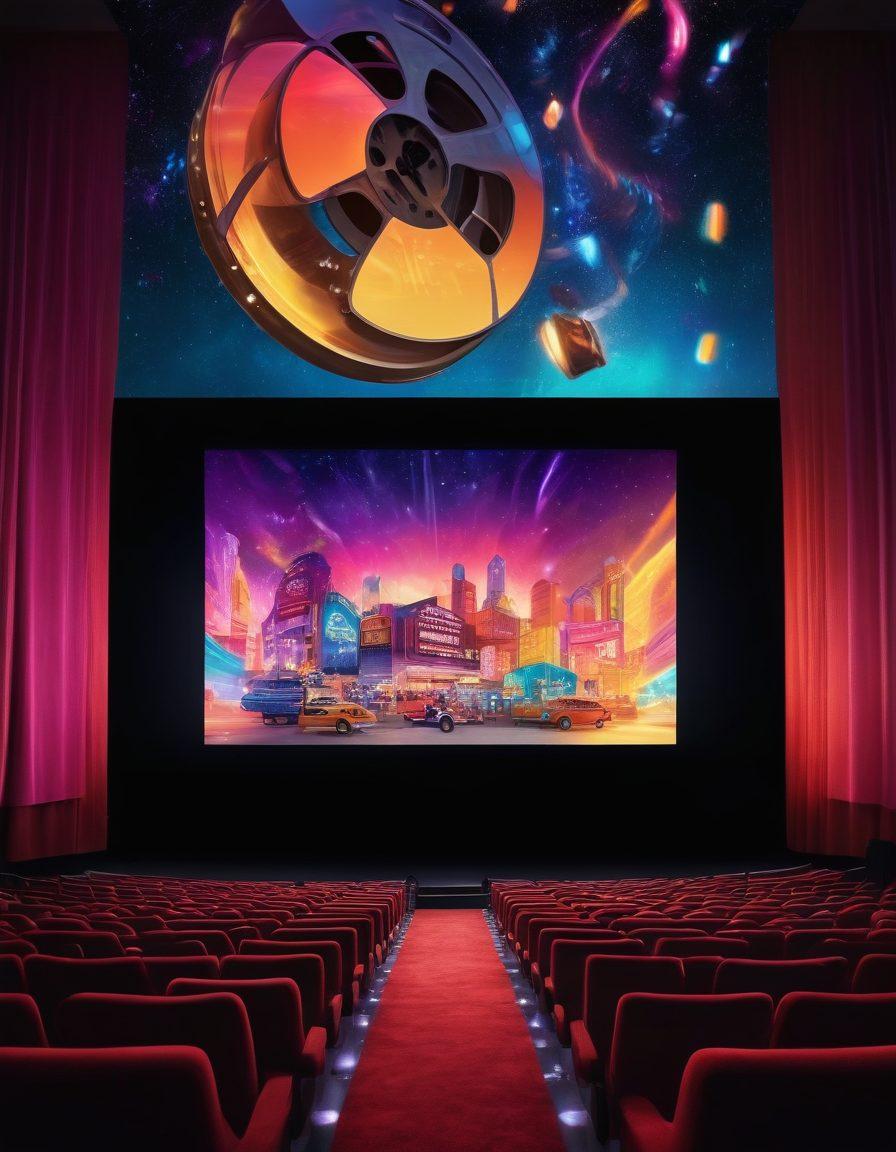 A vibrant film reel spiraling upwards, featuring scenes from various creative films, showcasing a blend of reality and imagination. In the background, a cinema hall filled with an enthralled audience, illuminated by colorful lights. Overhead, a floating banner with the text 'Celebrating Creative Films' elegantly displayed. The overall atmosphere is lively and engaging, reflecting the magic of cinema. vibrant colors. super-realistic. cinematic style.