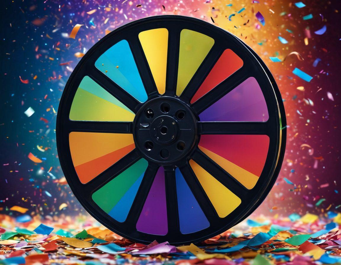 A vibrant film reel unfurling, with snippets of joyful scenes from various documentaries and dramas, surrounded by colorful confetti and laughter. The background showcases film critics and audiences in lively discussion, with a rainbow aura enveloping the scene. Soft light highlighting the expressions of joy and inspiration. super-realistic. vibrant colors. dramatic lighting.