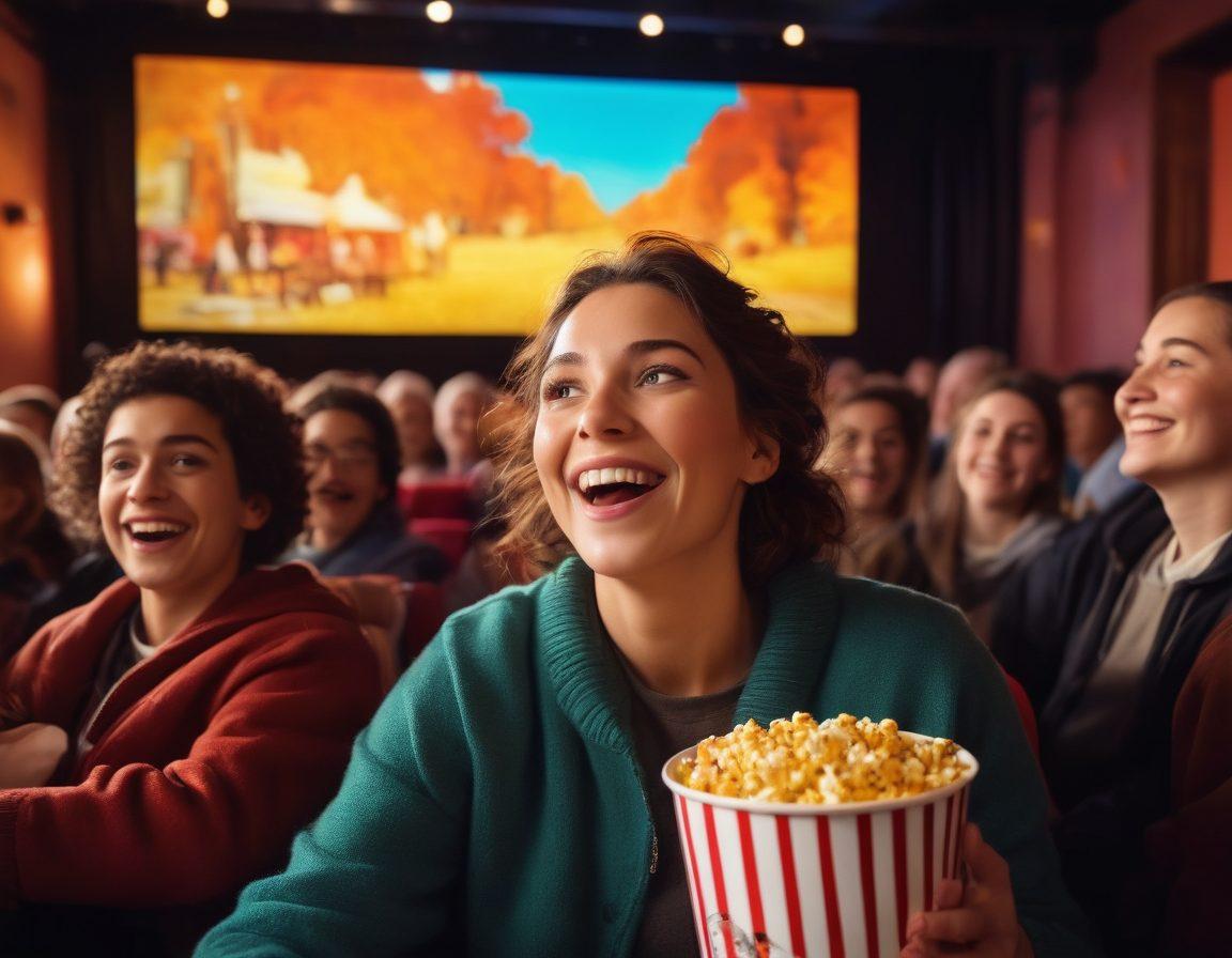 A vibrant scene capturing a diverse group of storytellers joyfully engaging with an audience, with a large cinema screen in the background displaying vivid, heartwarming imagery from various reality films. Include elements of filmmaking like cameras and lights, surrounded by excited expressions and popcorn. The atmosphere is filled with celebration and creativity, radiating warmth and connection. super-realistic. vibrant colors. cinematic style.